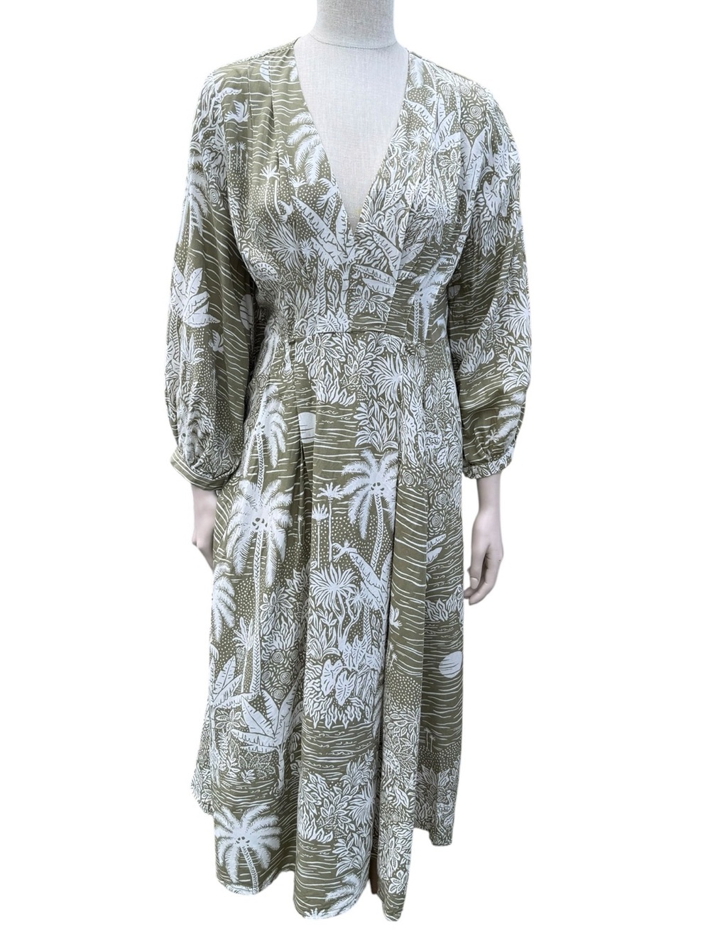 Desmond & Dempsey Olive & White Tropical-Print Wrap Midi Dress